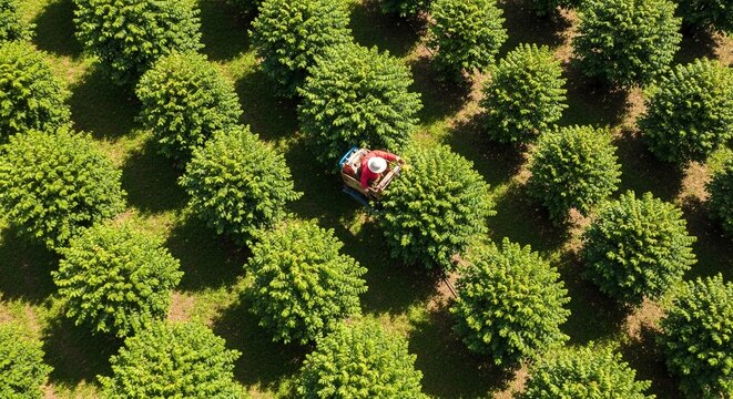 Farmer harvesting ripe fruit from lush trees in a vibrant orchard from an aerial perspective on a sunny day
