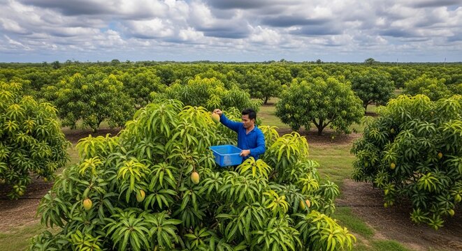 Farmer harvesting ripe mangoes from a lush orchard under a dramatic sky