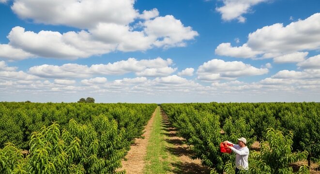 Farmer harvesting ripe nectarines in a lush orchard under a bright blue sky with fluffy clouds