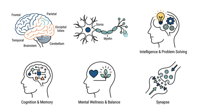 Brain Anatomy, Neuron, Cognition, Intelligence, Mental Wellness, Synapse Icons