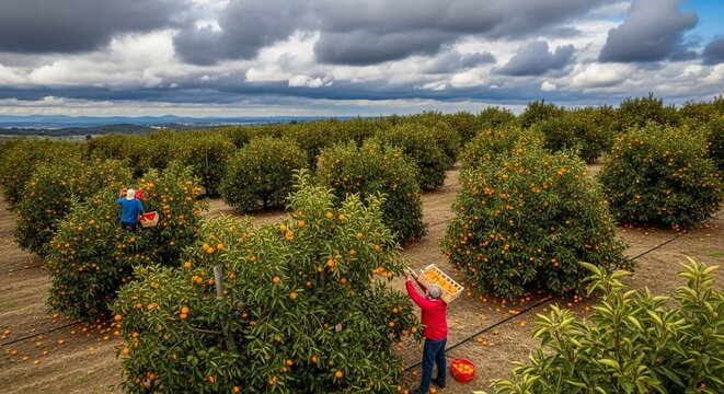 Farmer harvesting ripe oranges from trees in a lush citrus orchard under a cloudy sky