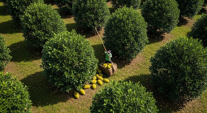 Farmer harvests ripe jackfruit from tropical orchard with long pole, gathering bounty into woven basket amidst lush green trees.