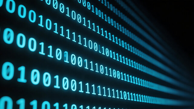 Binary code glowing on dark screen