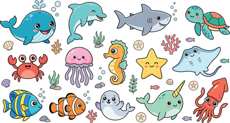 Cute Cartoon Sea Animal Vector Illustration Set Featuring Whale Dolphin Shark Turtle Jellyfish Seahorse Starfish and Colorful Fish for Nursery Clipart Designs © MDTaharul