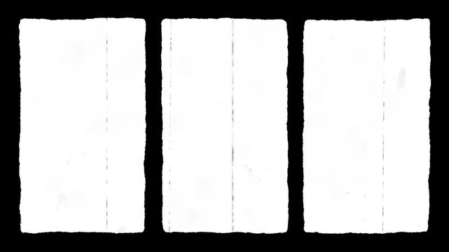Three vertical white grunge border frames with vintage film scratch and dust overlay on transparent background for retro split screen video effect
