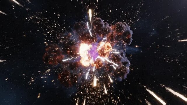 Abstract energy missile defense system intercepting incoming projectiles with bright explosions