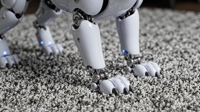 Robot dog paws stepping textured carpet with detailed mechanical joints and sleek white metal design showcasing advanced futuristic technology