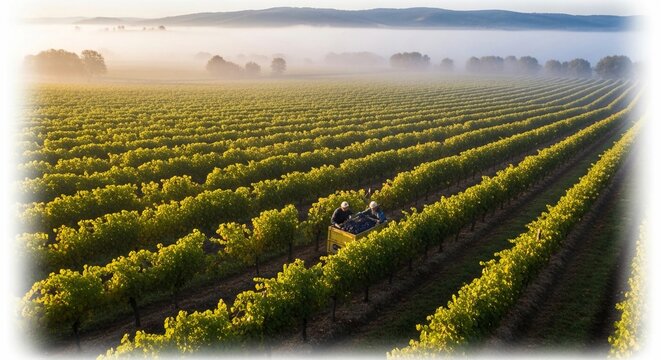 Grape harvesting in a misty vineyard at sunrise, with workers tending to the crop in agricultural rows.