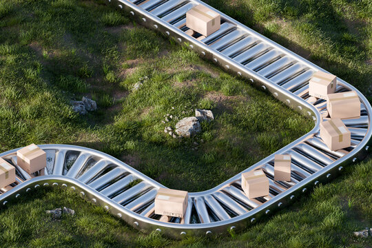 3D outdoor delivery conveyor routing boxes across grass