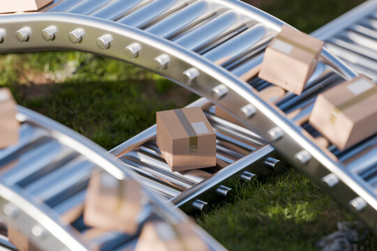 3D outdoor parcel junction beneath intersecting conveyors