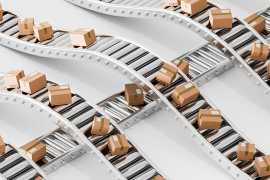 3D white conveyor network sorting packages across clean lanes