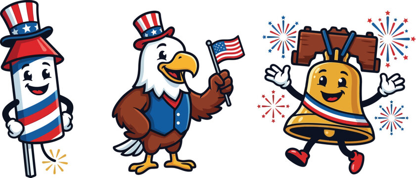 Cartoon american eagle, firework rocket, and liberty bell celebrating independence day uncle sam hat
