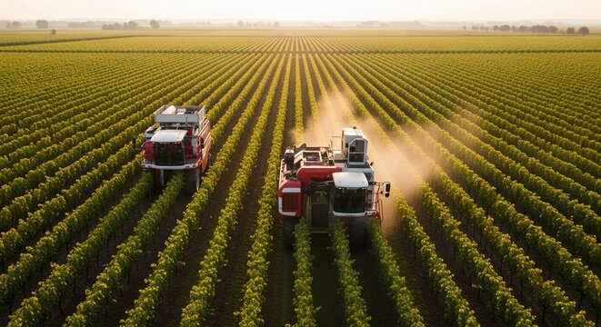Modern mechanical harvesters working in rows of lush green vineyard during early morning light