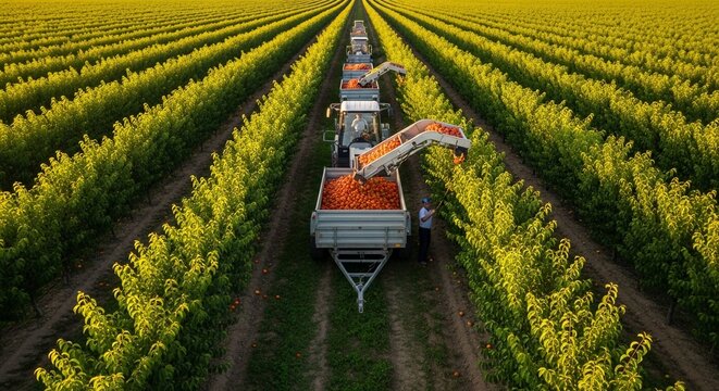 Nectarine harvesting operation in a vast orchard with tractors and workers collecting fresh fruit from rows of trees during peak season.
