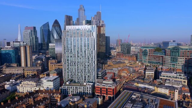 Aerial Video of City of London Financial District Skyline from Spitalfields area. 