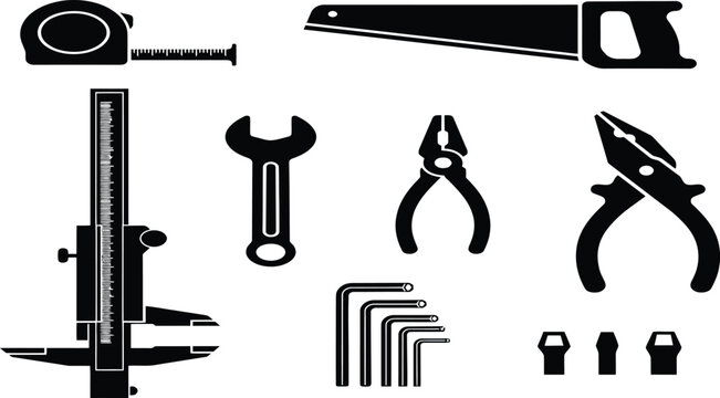 Collection of construction and workshop hand tools silhouettes including tape measure saw wrench and calipers