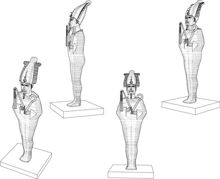 Complete set of 3D rendered Egyptian god Osiris model sheets showcasing the mummified lord of the underworld with Atef crown from front, side, and back angles