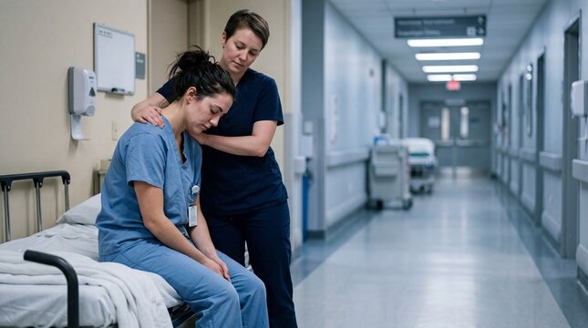 Nurse comforting exhausted woman physician in hospital corridor. Sad healthcare worker sitting on gurney after shift. Stressed medical staff feeling emotional burnout and fatigue.