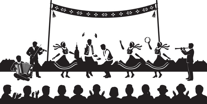 Traditional folk dance performance silhouette with musicians and audience