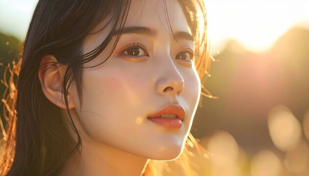 黄金の夕光に輝く美容と健康的なグロウ肌 / Japanese Young Woman Golden Hour Glow &mdash; Warm Sunset Light, Flawless Radiant Skin, Outdoor Wellness Lifestyle, Natural Beauty Commercial, Cinematic Half-Side Portrait, High Resolu