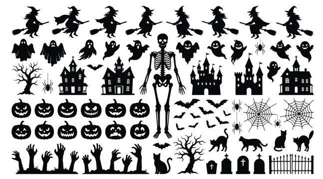 Halloween silhouette elements set including witches, ghosts, pumpkins, haunted houses, skeleton, bats, spiders, cats, gravestones and zombie hands