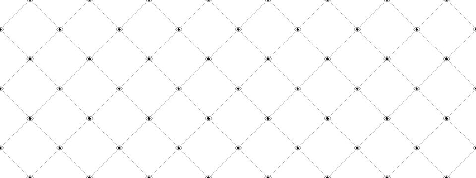 Eye security watermark pattern. Seamless dotted grid pattern with watching eyes. Eye seamless pattern with dotted diagonal grid.