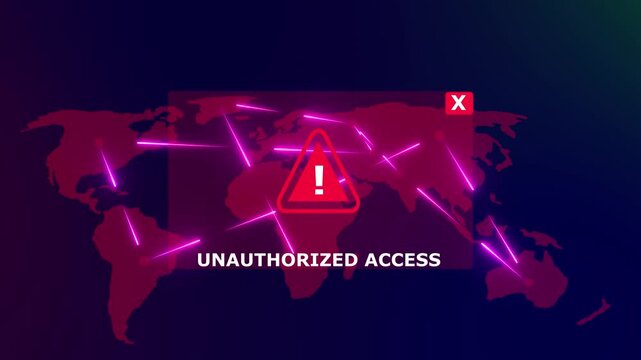 Unauthorized access warning alert on digital map with cyber security breach notification data breach