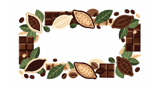 Decorative chocolate and coffee bean border with green leaves suitable for food packaging and culinary design
