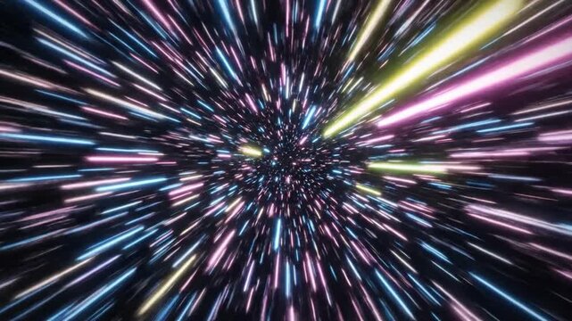 Abstract hyperspace jump through a starfield with colorful glowing light streaks in deep space
