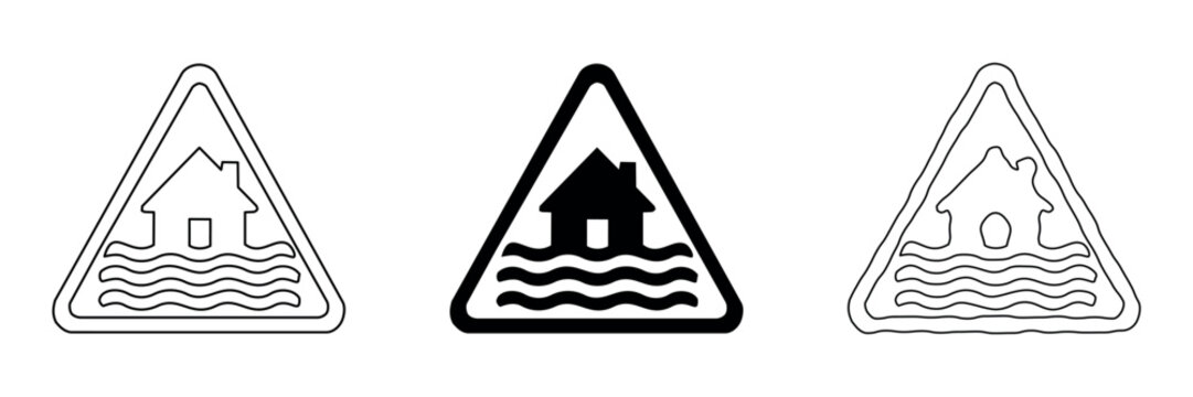 Flood warning sign icons showing a house surrounded by water in different styles