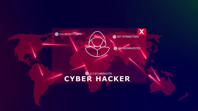 Cyber hacker global network attack animation with digital data streams and map interface cyber security