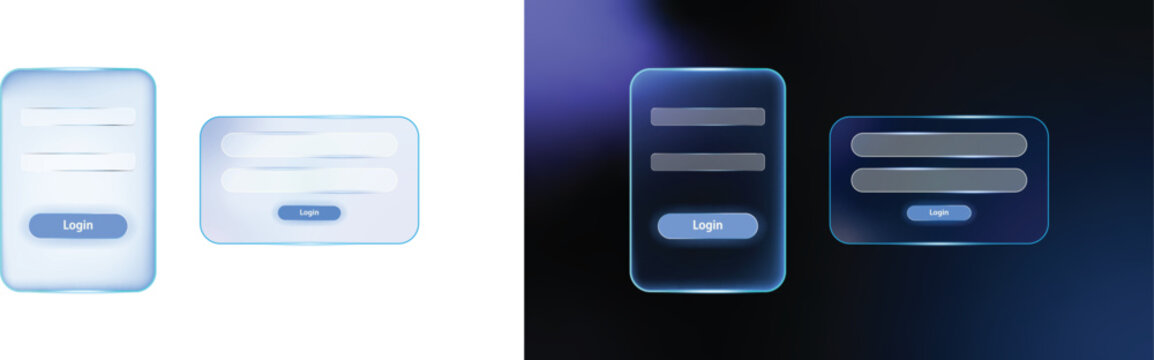 Futuristic glassmorphism login form UI templates with glowing blue neon borders on a dark background