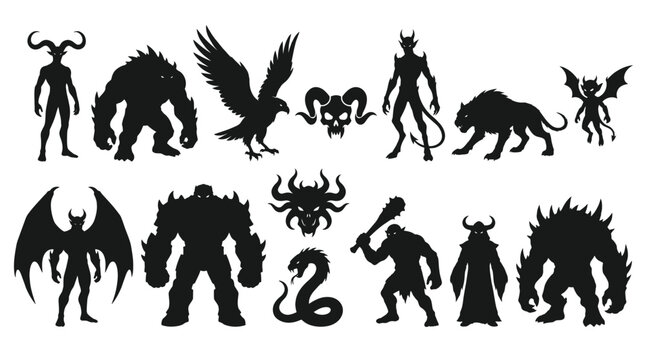 Set of fantasy monsters and demons silhouettes, mythical creatures, evil spirits, dark characters for game design