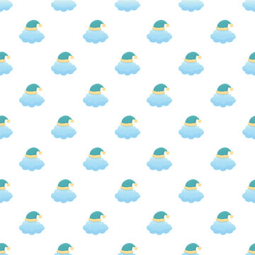 Cute sleeping clouds wearing nightcaps forming a repeating pattern on white background
