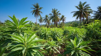Fototapeta premium Lush Tropical Landscape with Green Foliage and Palm Trees in Clear Blue Sky under Bright Sunlight in Scenic Nature Setting
