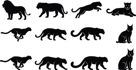 Big wild cats silhouettes vector set including lion tiger panther cheetah and lynx icons isolated on white © MdMonowar
