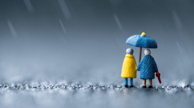 Two tiny figurines of a couple holding hands under a blue umbrella, caught in a rainstorm, evoke a sense of enduring love and companionship amidst challenges