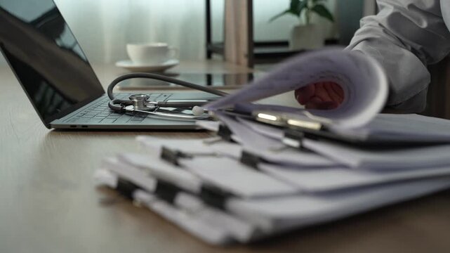 medical paperwork beside a laptop and stethoscope on a wooden desk, documenting information on stacked forms for an organized healthcare records workflow.