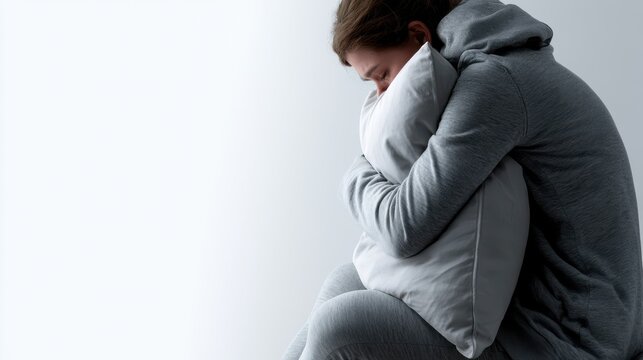 A person hugging a pillow, head down in distress. The mood is somber and reflective
