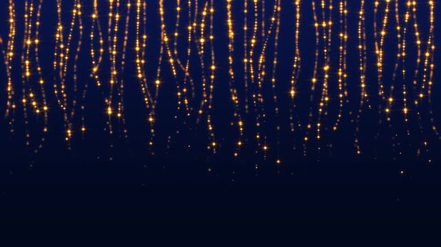 golden shiny and glittering particles strings on blue animation, abstract luxury christmas and new year stream social media motion background