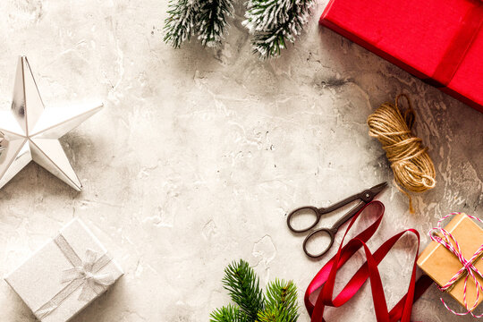new year 2018 celebration with presents and boxes on stone background top veiw mock up