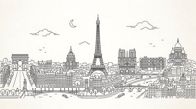 Minimalist line art illustration of the Paris skyline featuring the Eiffel Tower and famous historical landmarks