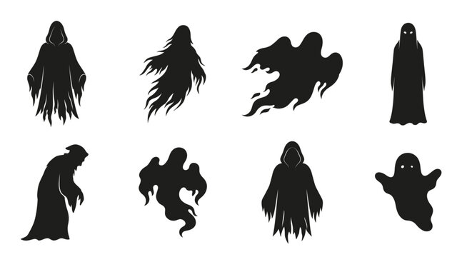 Set of ghost silhouettes, spooky spirits and specters