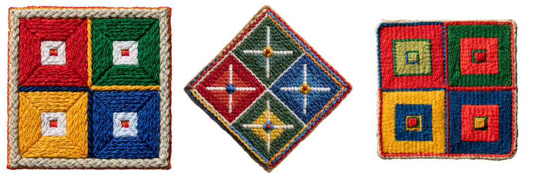 Set of A colorful, embroidered patch with a geometric design,  green texture and a small decorative embroidered element, crisp fabric detail  on transparent png background. Ai generated