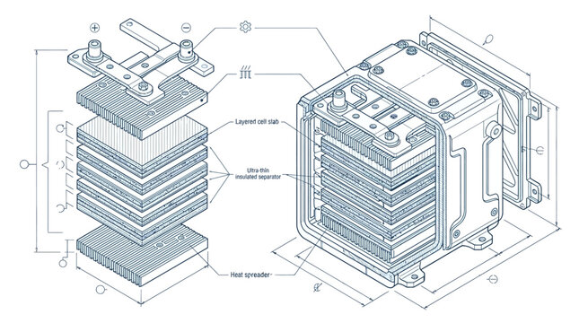 Detailed schematic of a layered battery cell stack and assembly