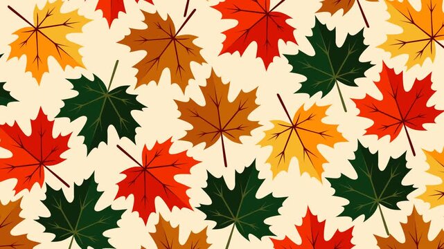 Seamless autumn maple leaf pattern with vibrant red, yellow, green, and brown foliage on a light background. Ideal for seasonal videos, nature themes, holiday visuals, and looping footage.