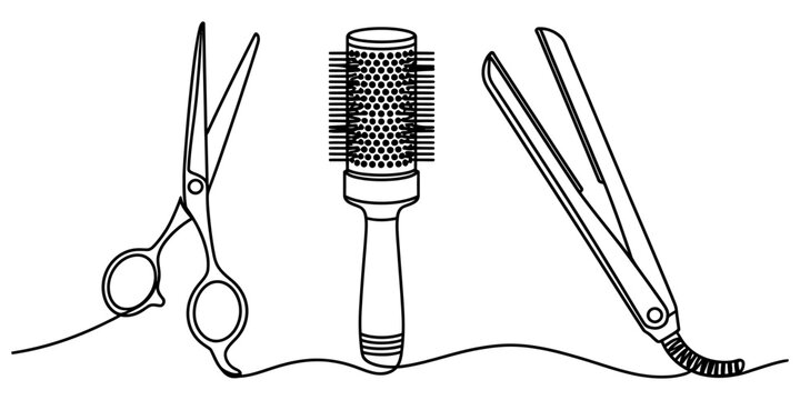 Hair salon tools set with scissors brush and hair straightener