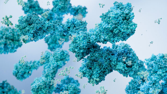 antibodies or immunoglobulin protein or enzyme Molecular structure, Chain of amino acids, biological concept, chemistry and biochemistry, DNA proteins, hydroxyproline, closeups formation, 3d render