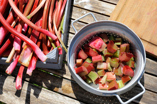 Freshly peeled and cut rhubarb stalks