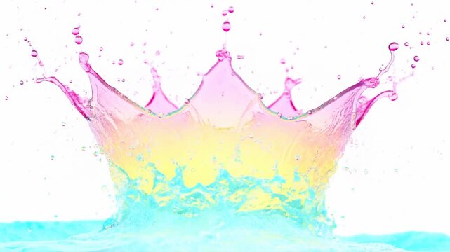 Colorful water splash forming a crown shape with pink and yellow hues against a white background, showcasing dynamic movement and fluidity in a vibrant setting